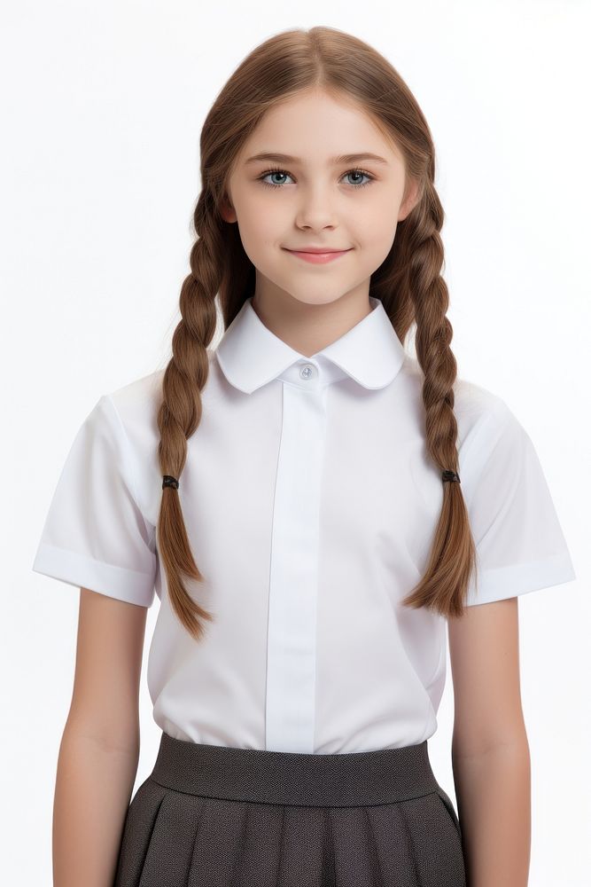 A kid girl wearing blank white student uniform  portrait blouse braid.