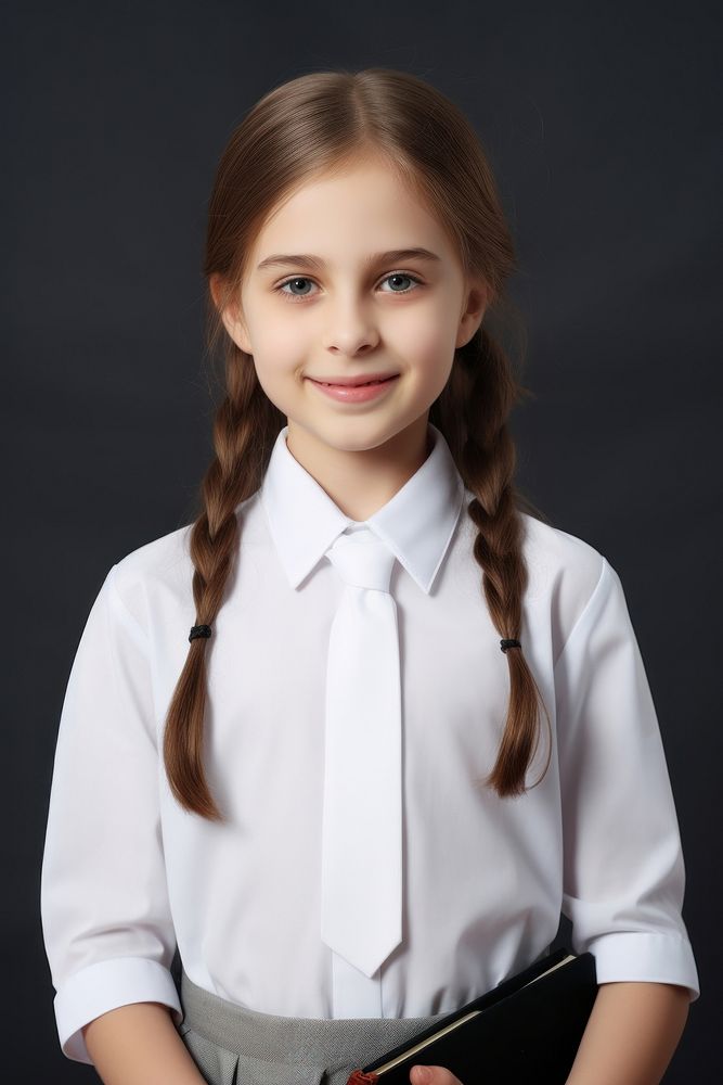 A kid girl wearing blank white student uniform  portrait shirt accessories.