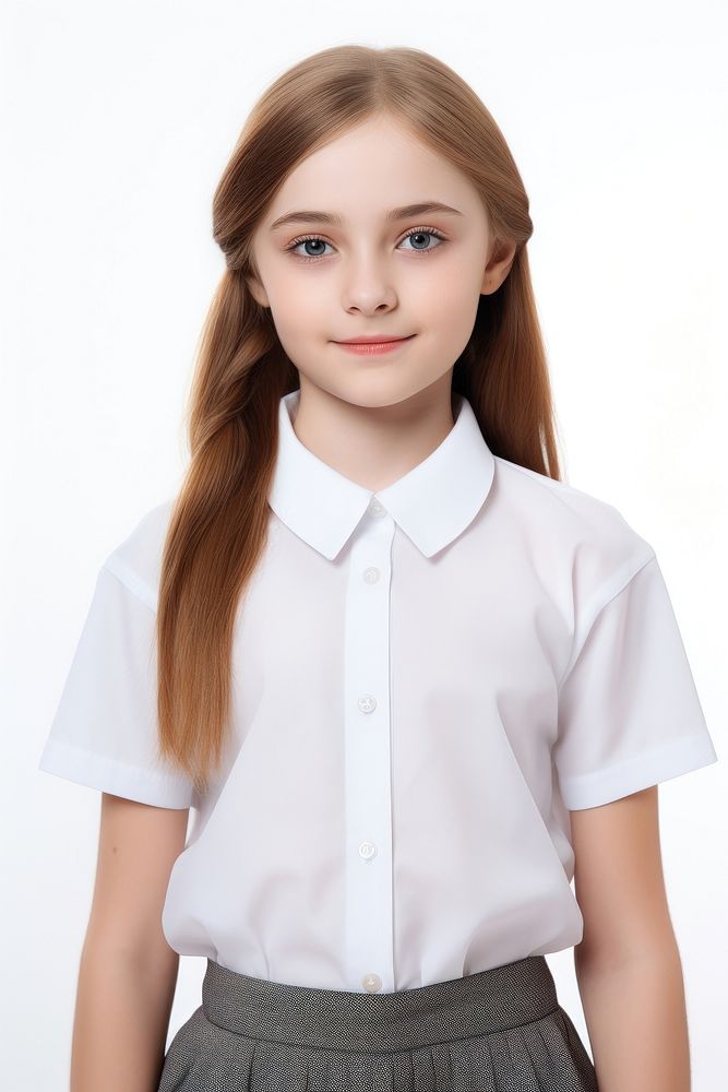 A kid girl wearing blank white student uniform  portrait blouse shirt.