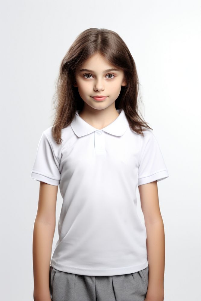 A kid girl wearing blank white school kids sport uniform  portrait t-shirt sleeve.