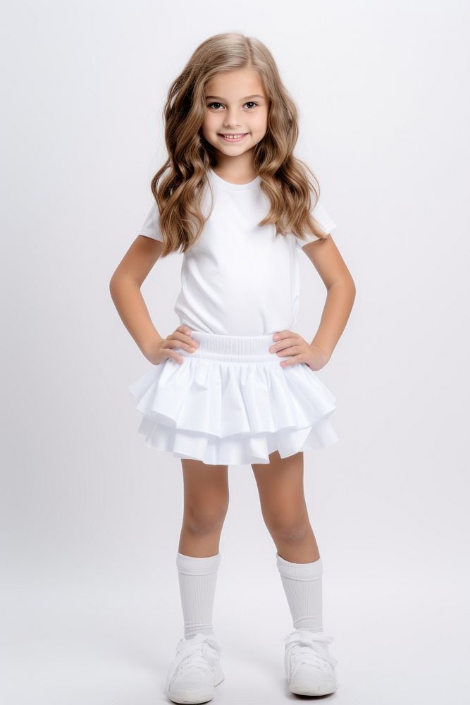 A kid girl wearing blank white cheerleader costume  miniskirt footwear portrait.