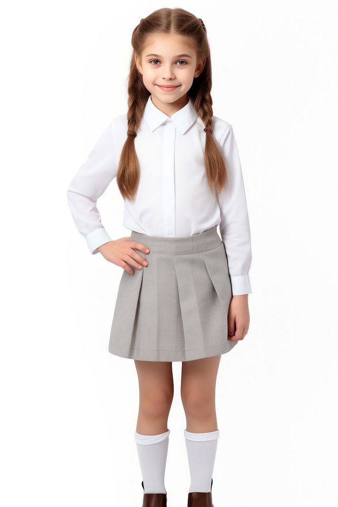 A kid girl wearing blank white student uniform  miniskirt portrait blouse.