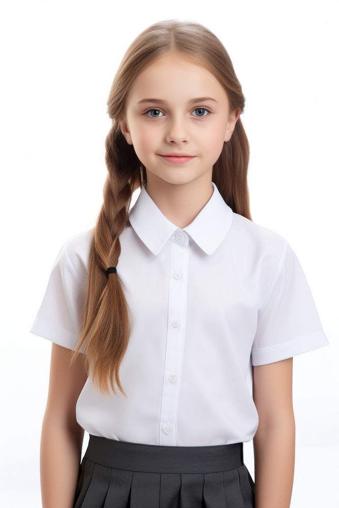 A kid girl wearing blank white student uniform  portrait blouse shirt.