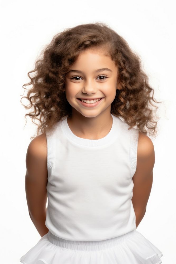 A kid girl wearing blank white cheerleader costume  portrait child smile.