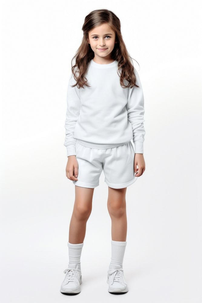 A kid girl wearing blank white school kids sport uniform  sweatshirt portrait sleeve.
