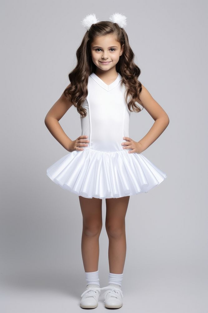 A kid girl wearing blank white cheerleader costume  miniskirt portrait dancing.