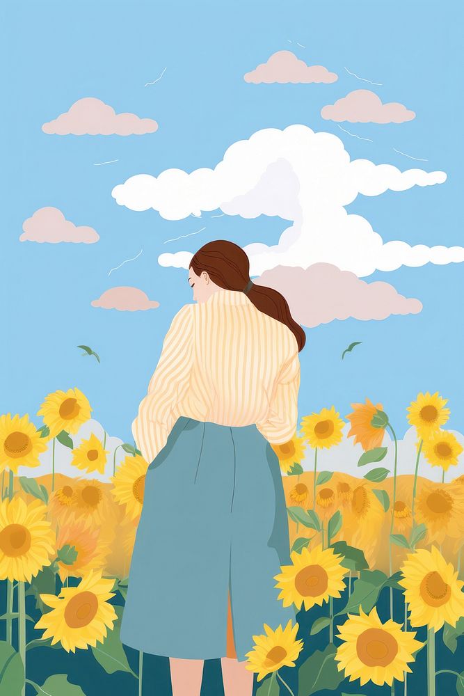 Girl in a field sunflower landscape outdoors.