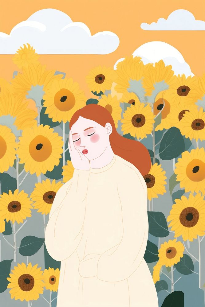 Girl in a field sunflower painting cartoon.