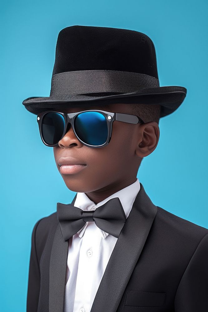 Cool baby black boy with fashionable clothing style full body on colored background sunglasses portrait tuxedo.