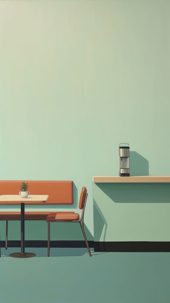 Minimal space coffee shop architecture furniture painting.