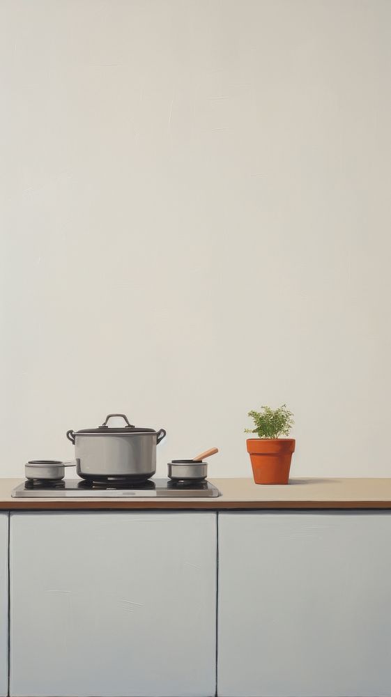 Minimal space kitchen interior stove wood pot.