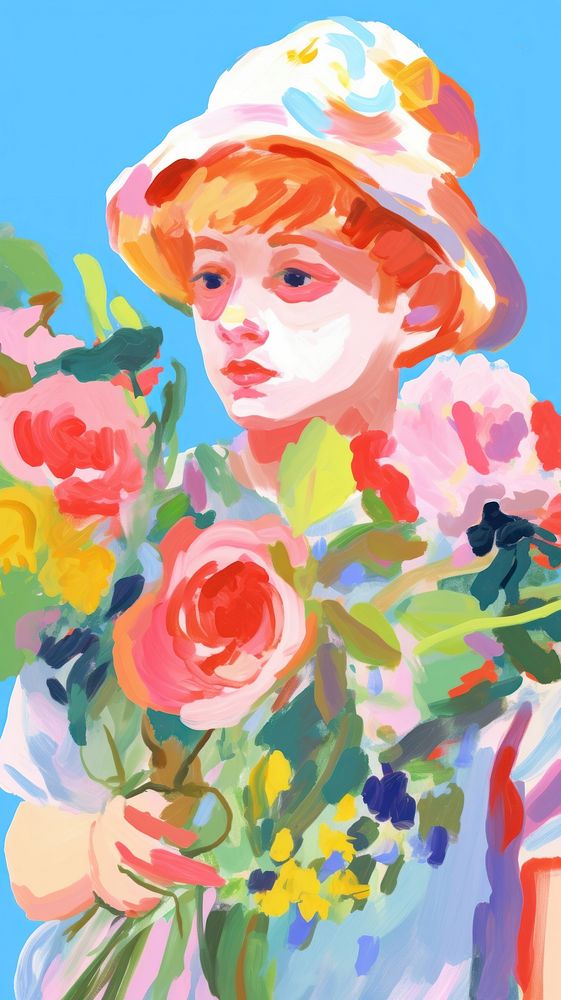  Boy with flowers painting art cartoon. AI generated Image by rawpixel.
