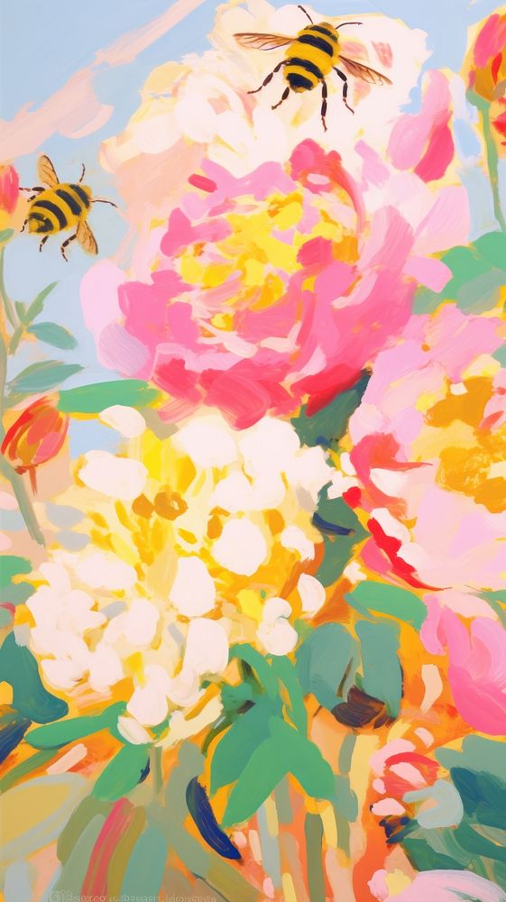  Bee and flowers painting art blossom. AI generated Image by rawpixel.