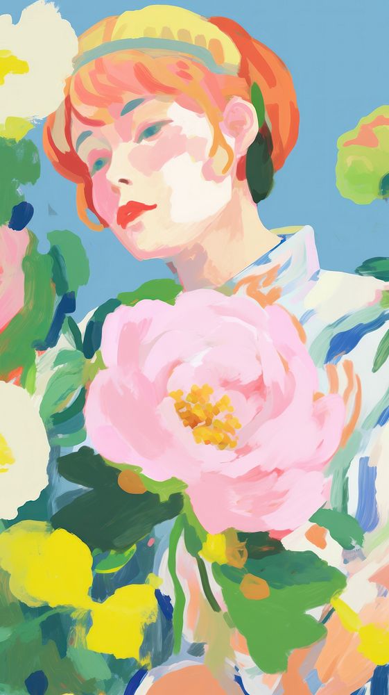  Woman with flowers painting art cartoon. AI generated Image by rawpixel.
