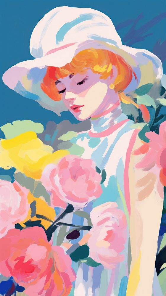  Woman with flowers painting art cartoon. AI generated Image by rawpixel.