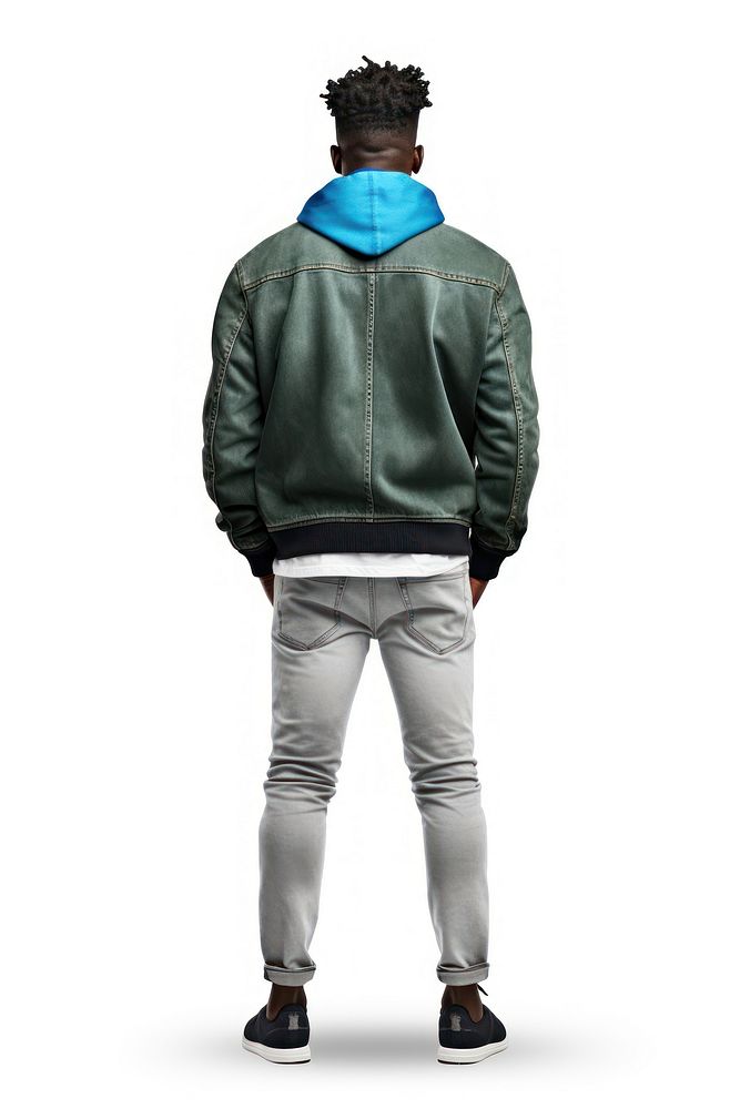 A man in jeans looking up on a white background isolation back view sweatshirt footwear jacket.