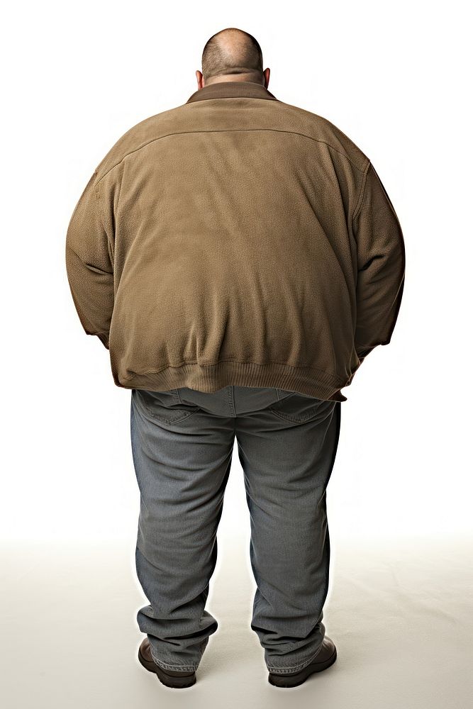 A man in jeans looking up on a white background isolation back view standing adult sweatshirt.