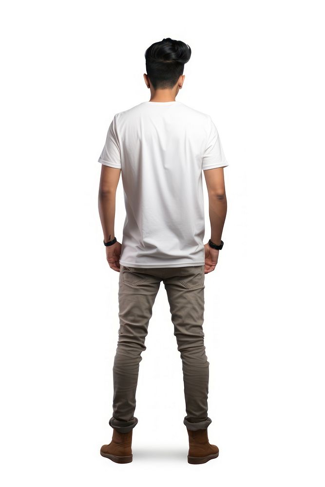 A man in jeans looking up on a white background isolation back view footwear standing t-shirt.