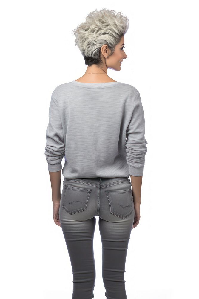 A old woman in jeans looking up on a white background isolation back view sweater t-shirt sleeve.