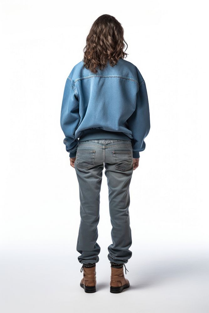 A old woman in jeans looking up on a white background isolation back view sweatshirt denim pants.