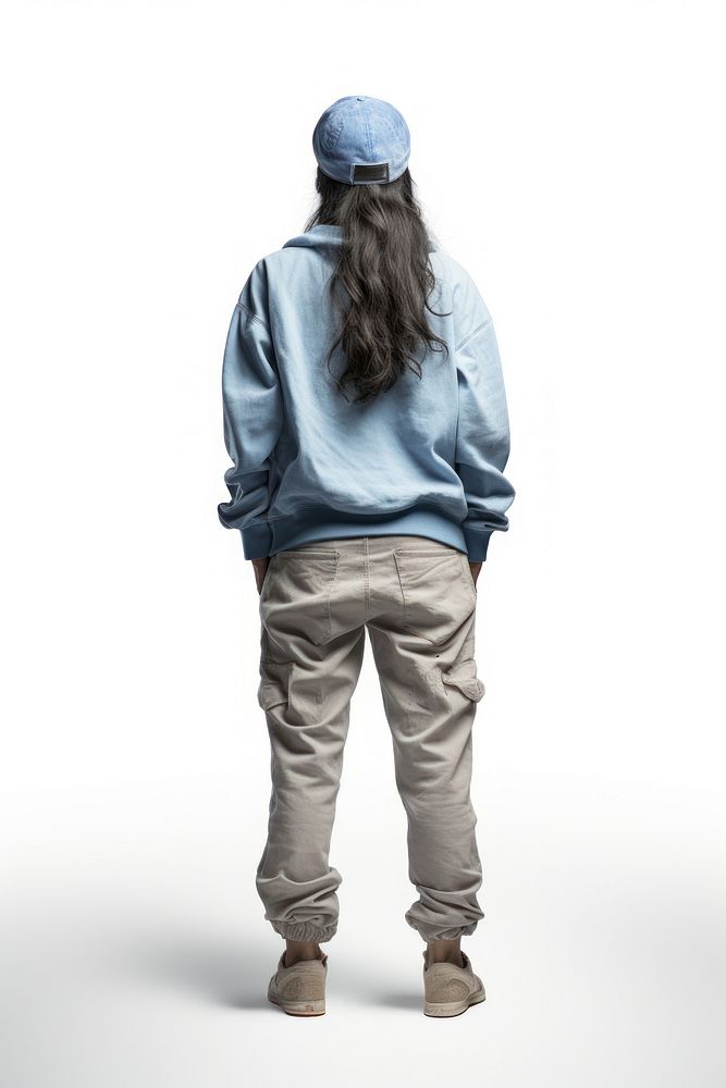 A old woman in jeans looking up on a white background isolation back view footwear standing adult.