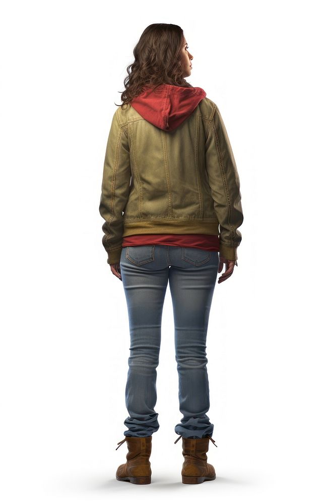 A old woman in jeans looking up on a white background isolation back view sweatshirt footwear jacket.