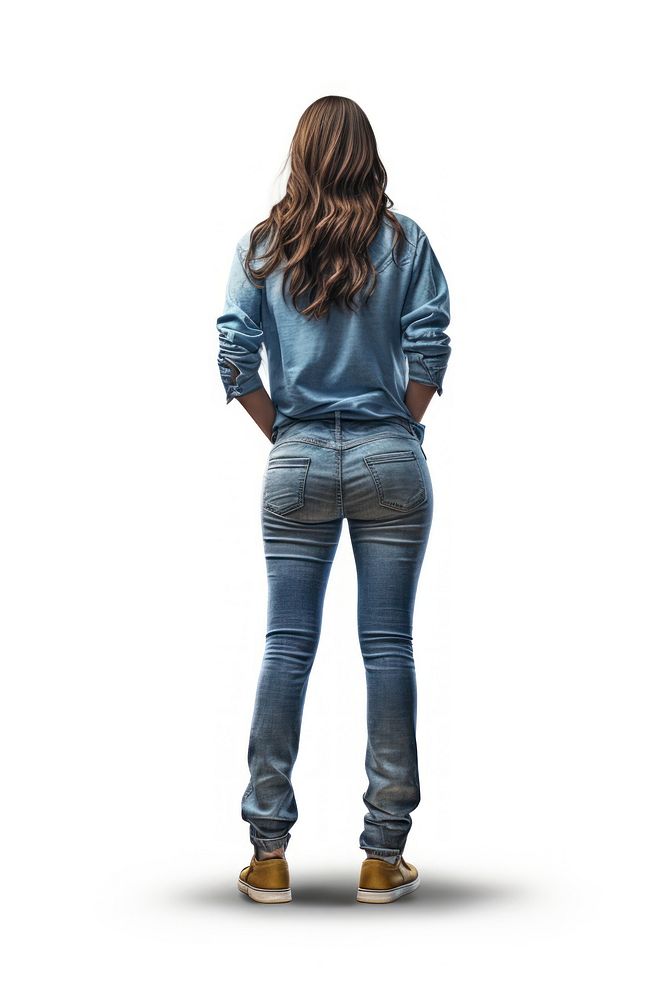 A old woman in jeans looking up on a white background isolation back view standing denim adult.