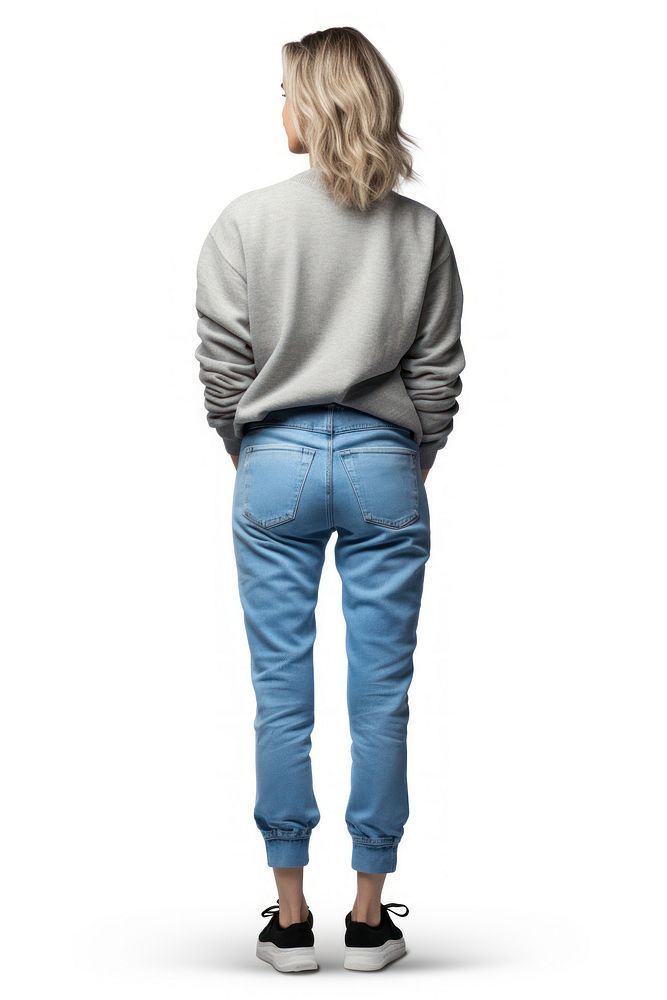 A old woman in jeans looking up on a white background isolation back view denim pants adult.