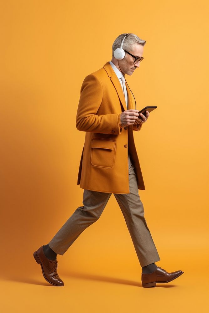 Person with mobile phone walking headphones footwear glasses blazer adult.