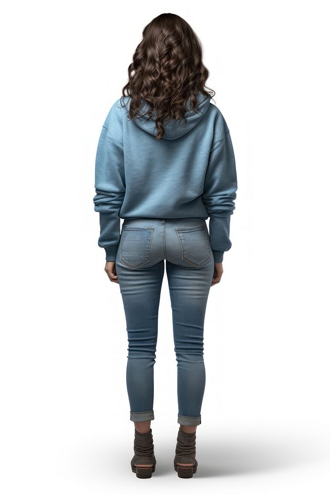 A woman in jeans looking up on a white background isolation back view sweatshirt footwear standing.