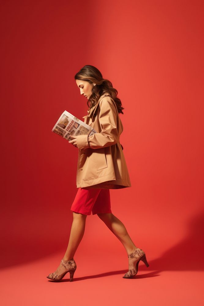 A woman reading newspaper walking footwear shoe coat.