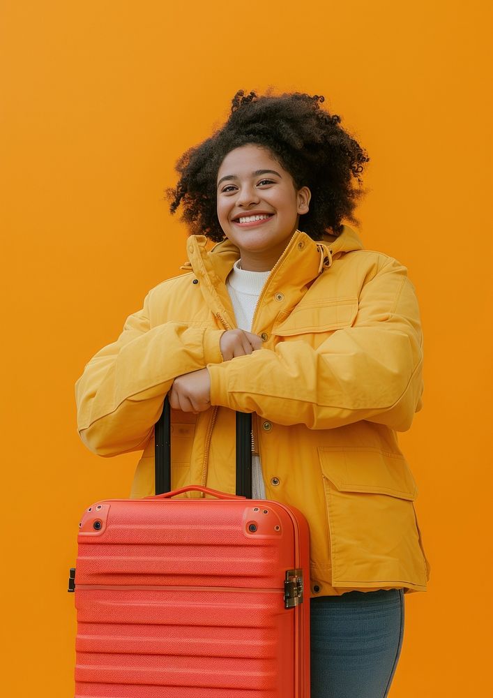 Plus size mixed race teen woman with travel luggage smiling smile adult.