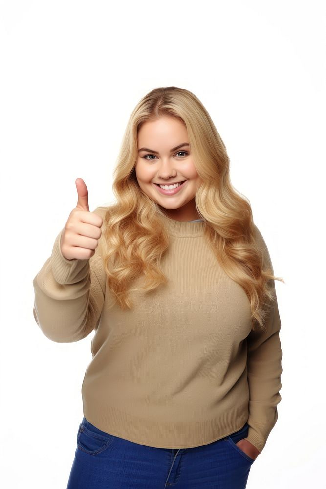 A chubby overweight young woman showing thumb up like gesture looking at the camera portrait sweater finger. AI generated…