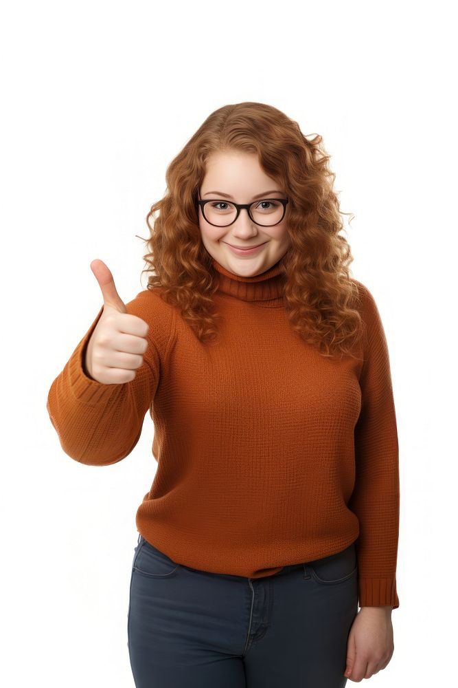 A chubby young woman showing thumb up like gesture looking at the camera portrait sweater sleeve. AI generated Image by…