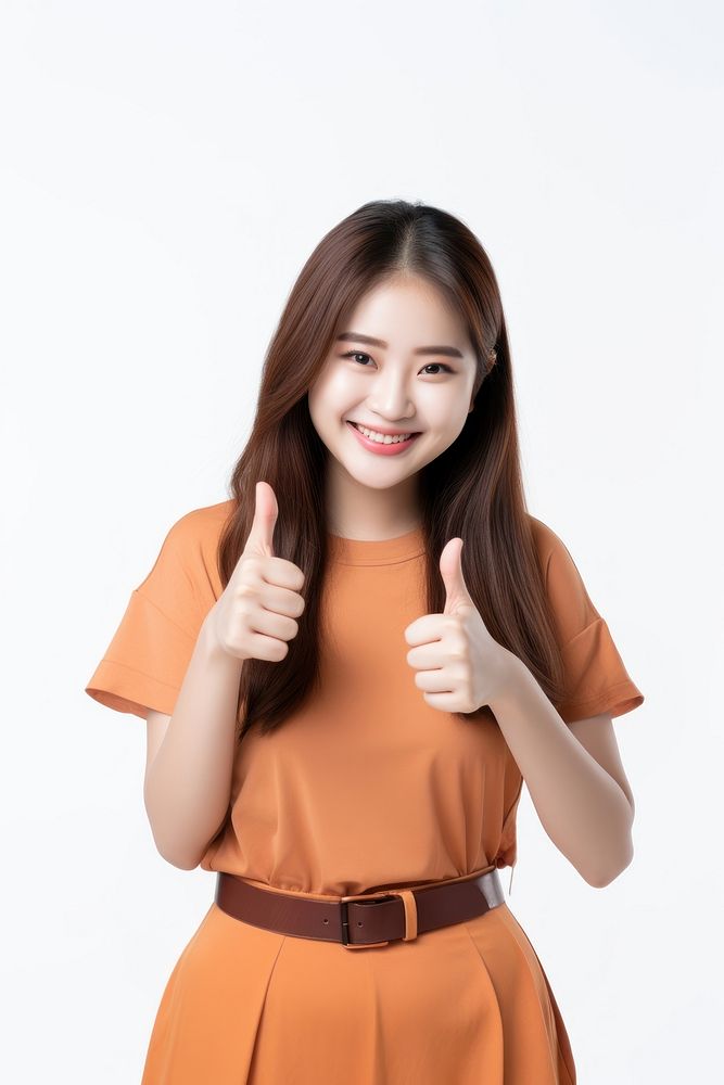 A chubby young woman showing thumb up like gesture looking at the camera portrait finger smile. AI generated Image by…
