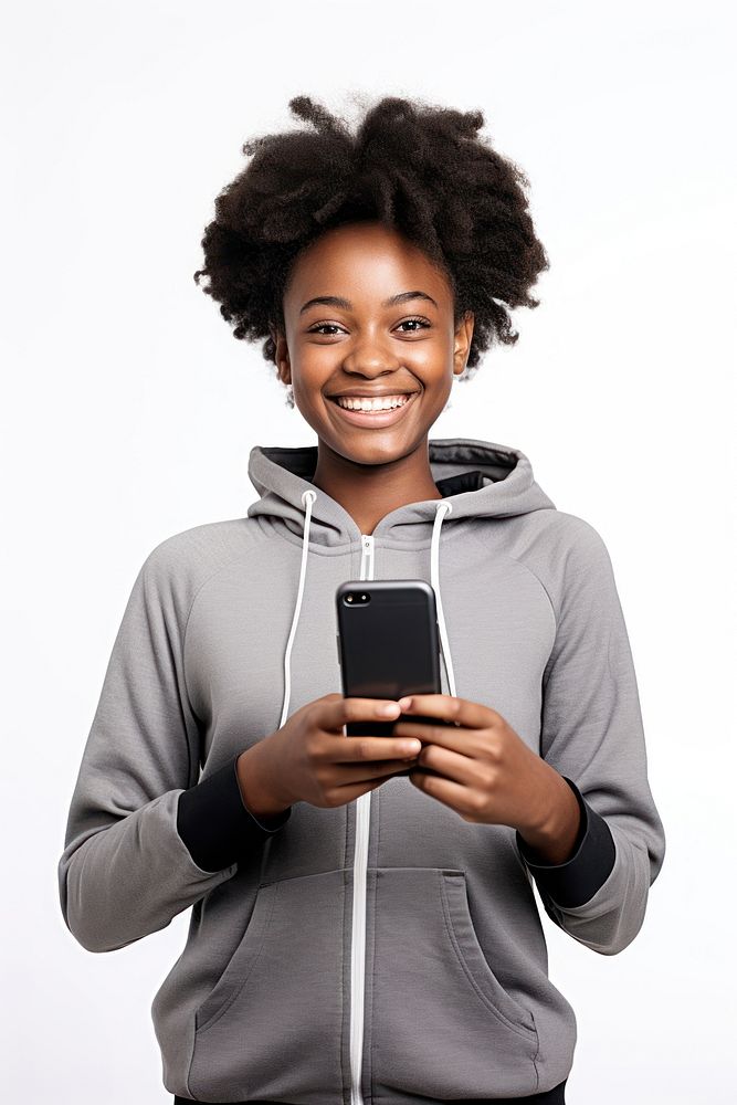 A young woman holding a mobile cellphone looking at the camera portrait smile adult. AI generated Image by rawpixel.