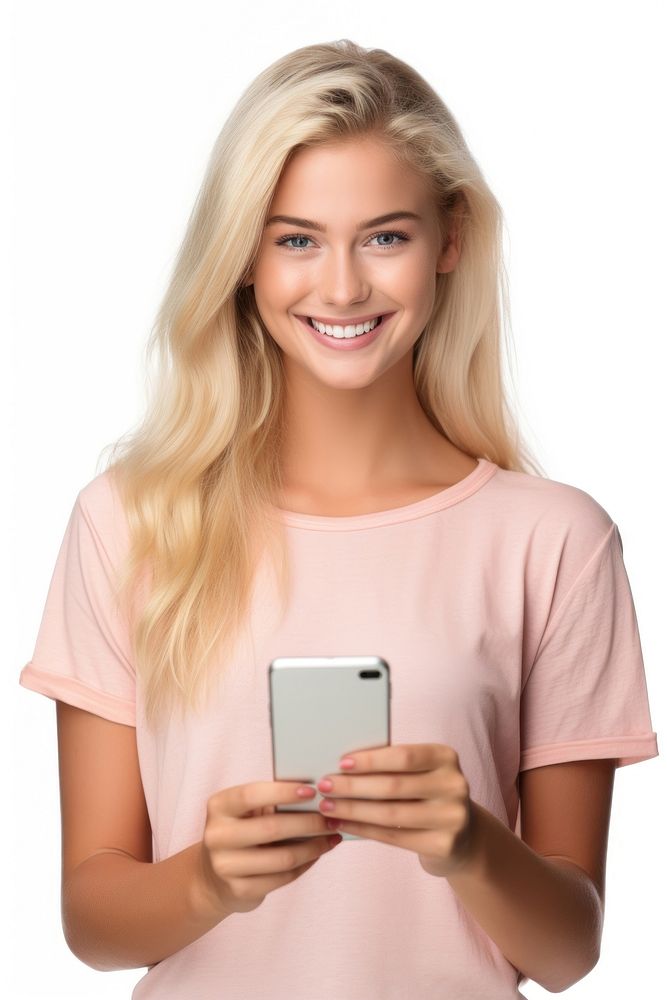 A young woman holding a mobile cellphone looking at the camera portrait t-shirt blonde. AI generated Image by rawpixel.