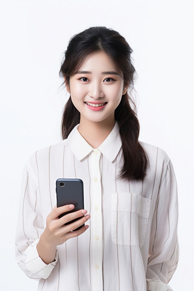 A young woman holding a mobile cellphone looking at the camera blouse adult happy. AI generated Image by rawpixel.