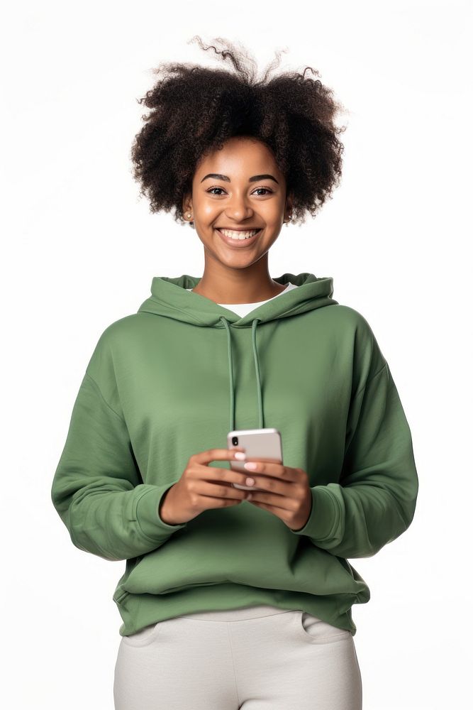 A young woman holding a mobile cellphone looking at the camera sweatshirt sweater happy. AI generated Image by rawpixel.