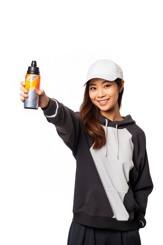 A young woman holding a colour spray bottle and pointing to camera photo white background photography. AI generated Image by…