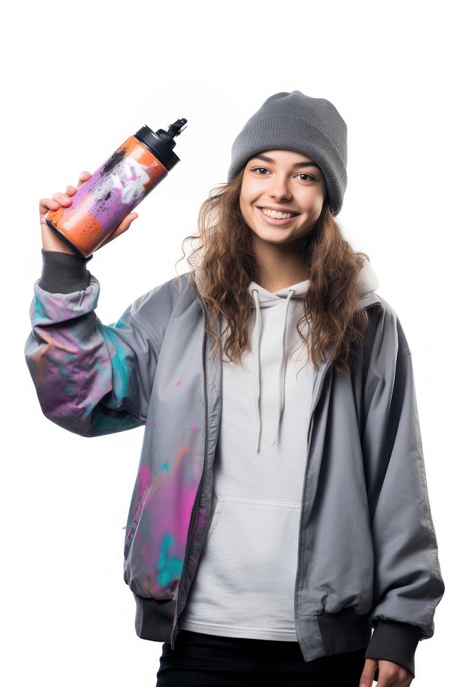 A young woman holding a colour spray bottle and pointig to camera portrait photo white background. AI generated Image by…