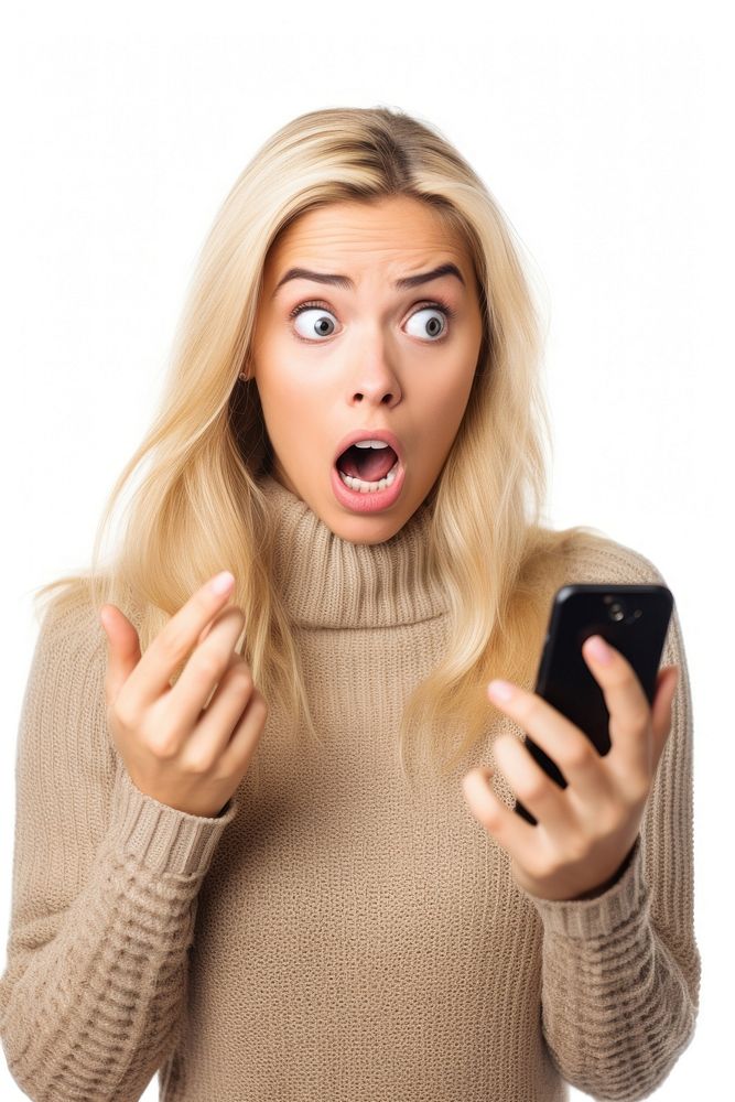 A Young woman reacts to shocking news on her phone holding white background mobile phone. AI generated Image by rawpixel.