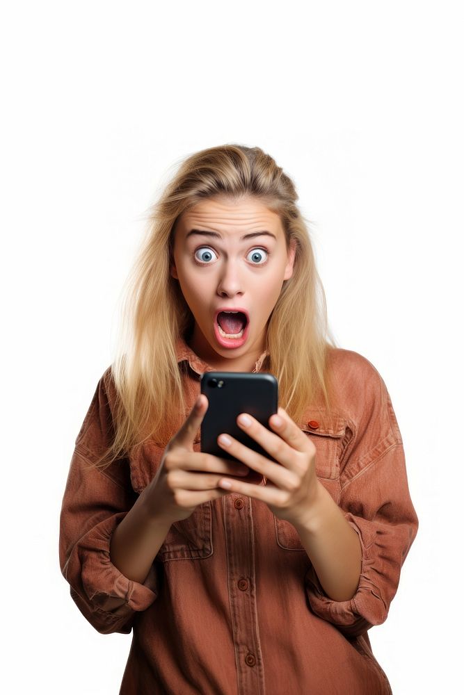 A Young woman reacts to shocking news on her phone holding adult photo. AI generated Image by rawpixel.