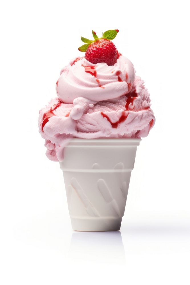 An icecream topped with strawberry dessert food white background. AI generated Image by rawpixel.