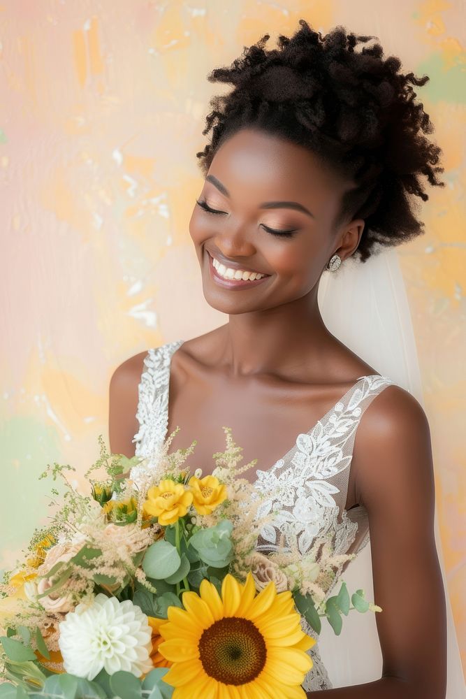 African woman in wedding dress sunflower portrait smiling.