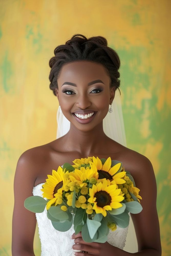 African woman in wedding dress sunflower portrait smiling.