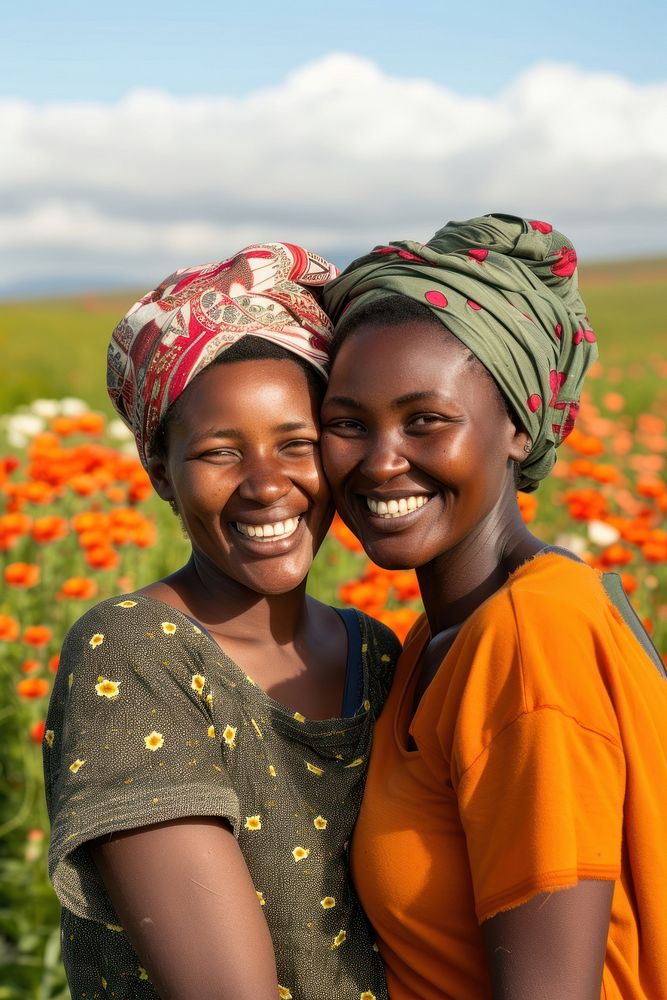 African women portrait flower field.