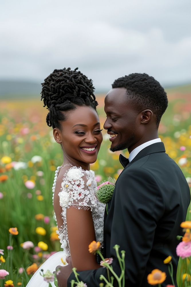 African couple portrait flower married.