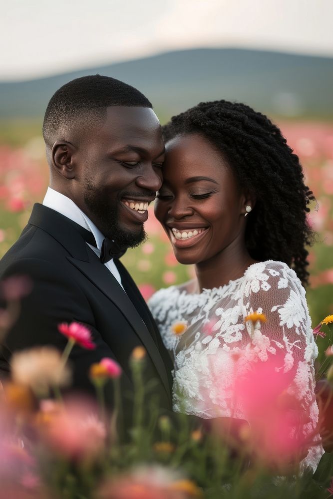 African couple portrait flower outdoors.