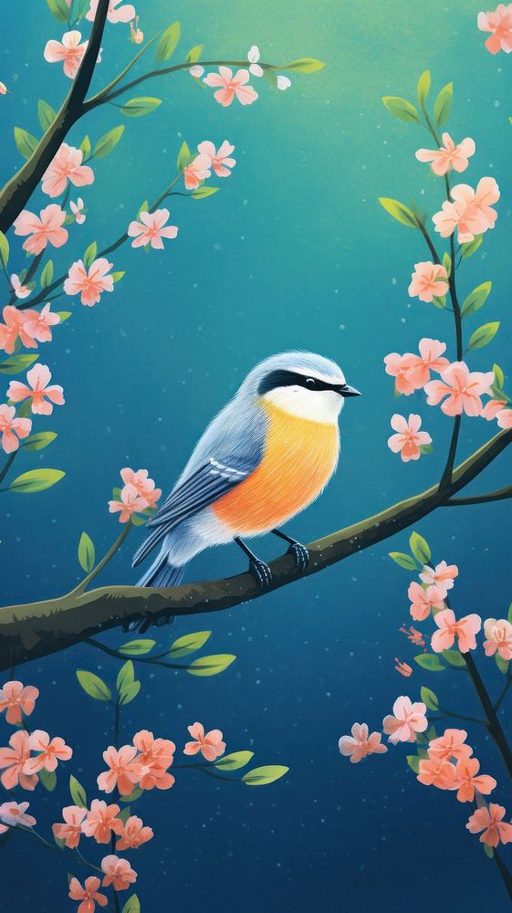  Bird and spring flowers outdoors blossom nature. AI generated Image by rawpixel.